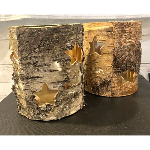 Set Of 2 Birch Bark Star Cutout Candle Holders Rustic Nature Decor - Picture 4 of 9